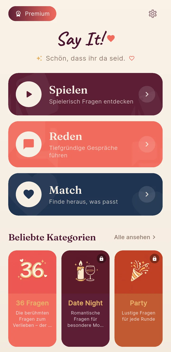 Say It! Startbildschirm mit den Modi Spielen, Reden und Match