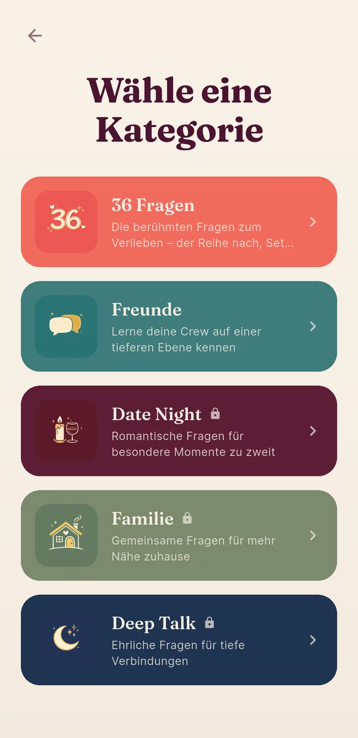 Kategorieauswahl im Reden-Modus mit 36 Fragen, Date Night und Deep Talk