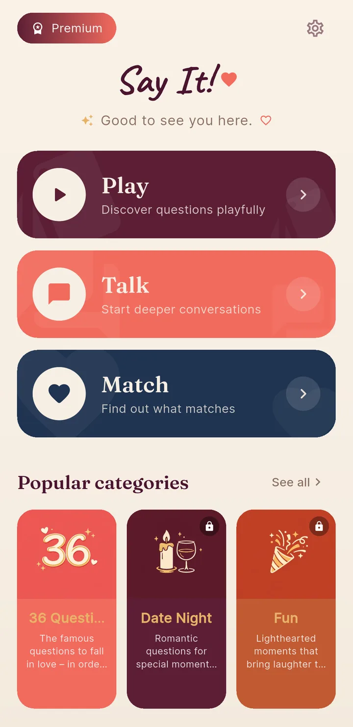 Pantalla de inicio de Say It! con los modos Jugar, Hablar y Match