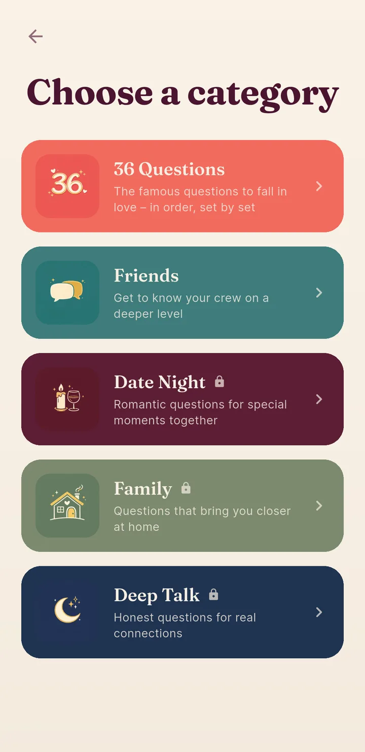 Selección de categorías del modo Hablar con 36 preguntas, Date Night y charla profunda